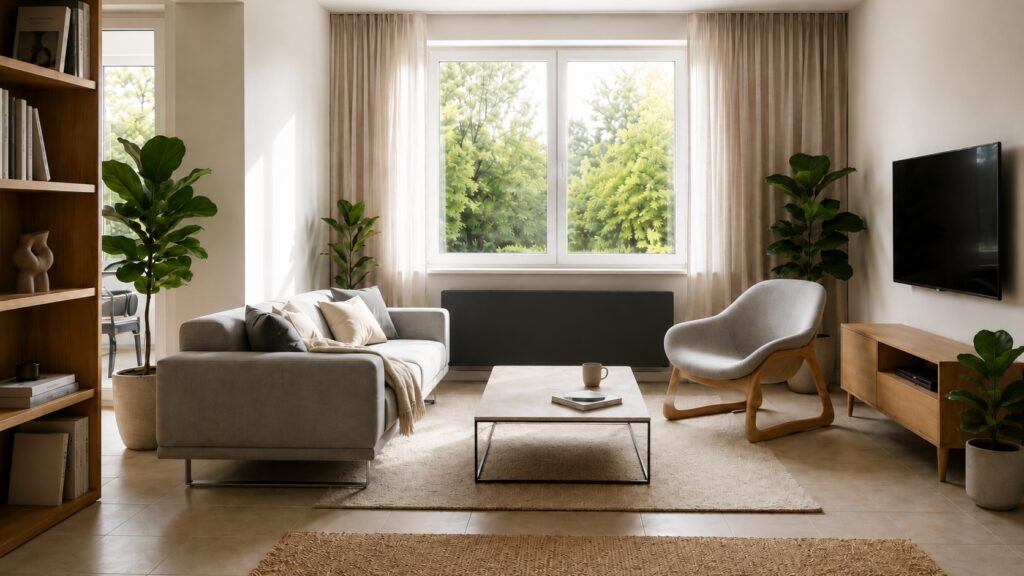 Moderne Elektroheizung mit glatter dunkler Front im Wohnraum
