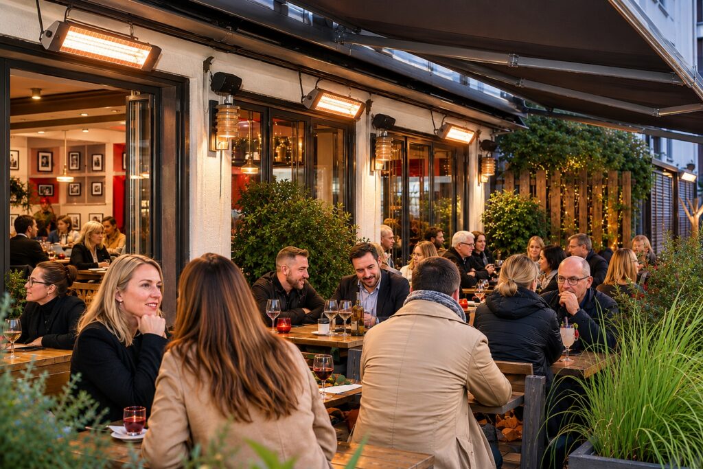 Gastronomie Terrasse mit elektrischen Hellstrahlern als Terrassenheizung