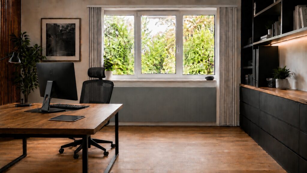 Graue Flächenspeicherheizung im modernen Büro unter dem Fenster