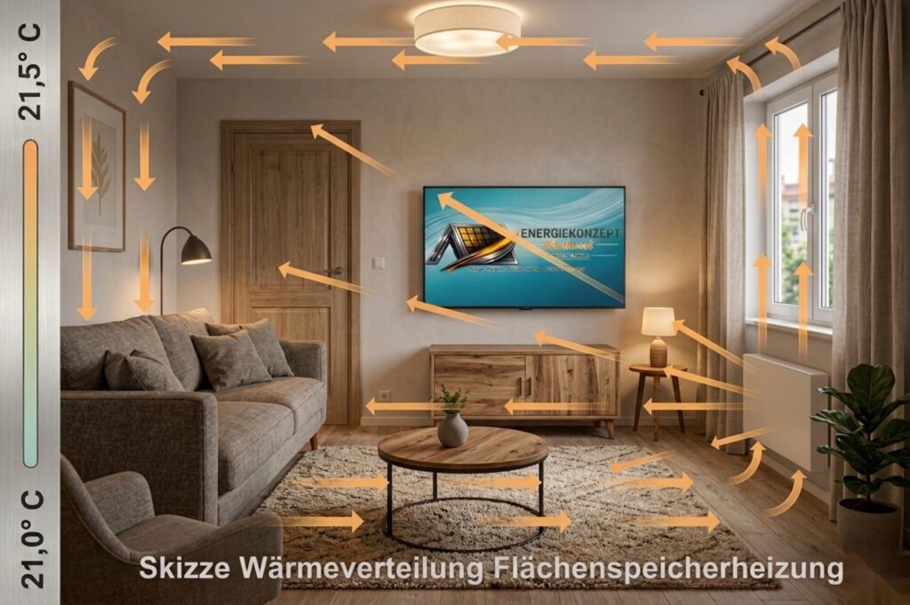 Skizze der Wärmeverteilung einer Flächenspeicherheizung im Wohnraum