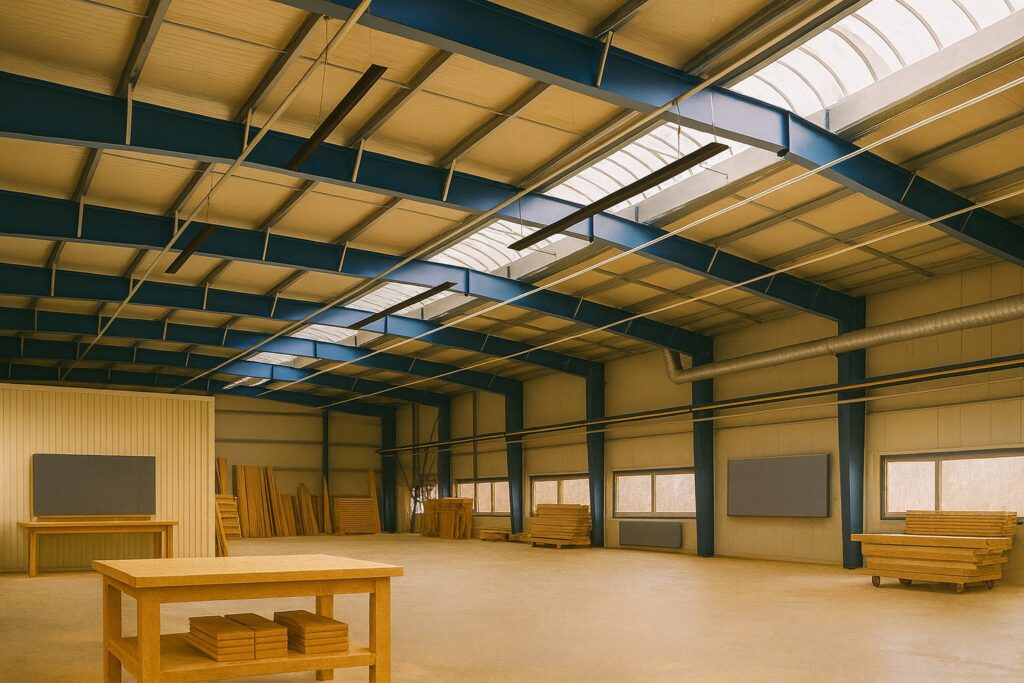 Hallenheizung für Gewerbe Moderne Gewerbehalle mit elektrischen Dunkelstrahlern zur Hallenheizung