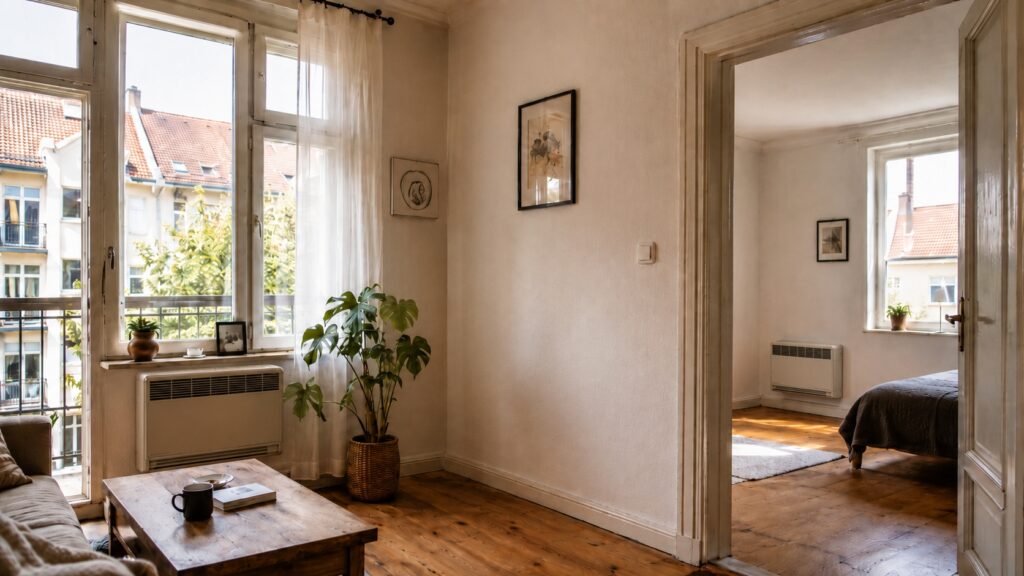Alter Außenwand-Gasofen unter dem Fenster einer Altbauwohnung vor der Modernisierung.