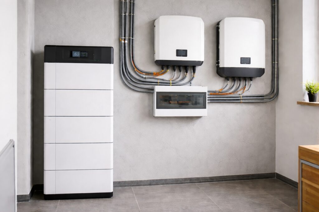 Batteriespeicher, Wechselrichter und Elektroverteilung in einem Technikraum für Photovoltaik mit Speicher.