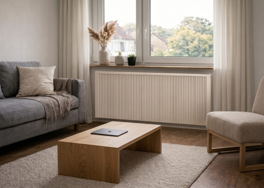Moderne Flächenspeicherheizung im Altbau-Wohnzimmer als Ersatz für eine Gasetagenheizung