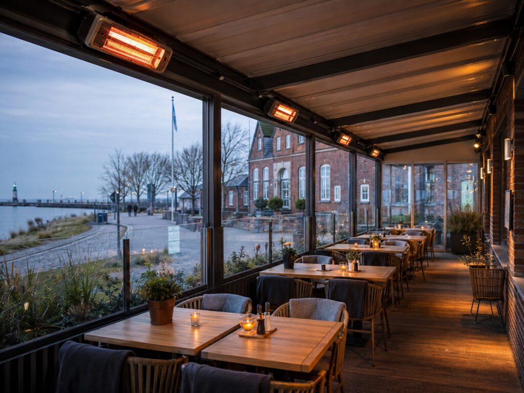 Norddeutsche Gastronomie-Terrasse mit elektrischen Hellstrahlern unter Überdachung