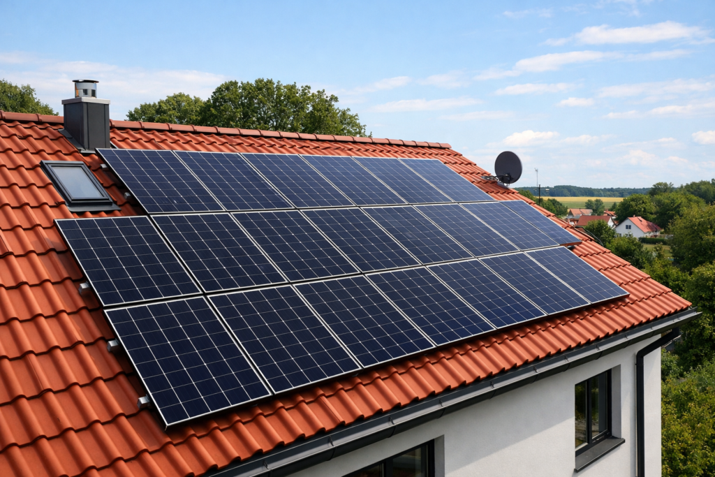 Photovoltaikanlage auf rotem Ziegeldach eines Wohnhauses in Rhede Ems.