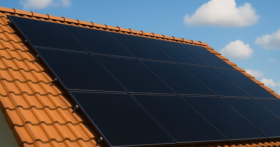 Schwarze Photovoltaikmodule als Detailaufnahme auf rotem Ziegeldach.
