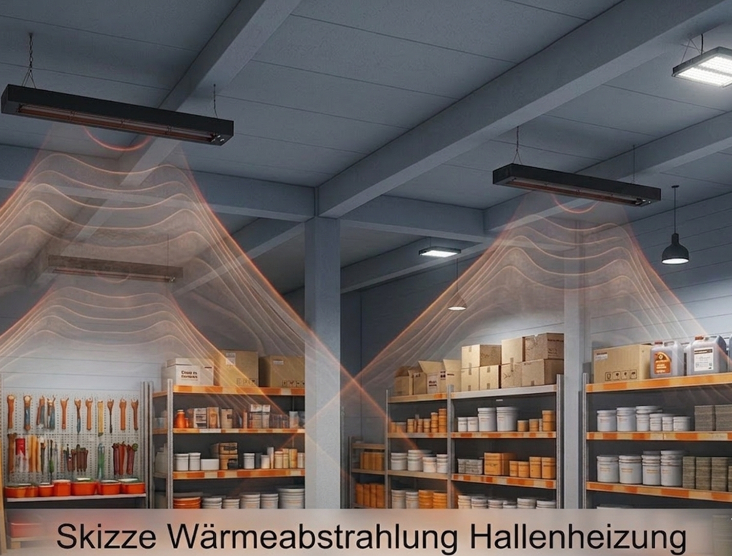 Hallenheizung für Gewerbe Skizze zur Wärmeabstrahlung elektrischer Dunkelstrahler in einer Halle