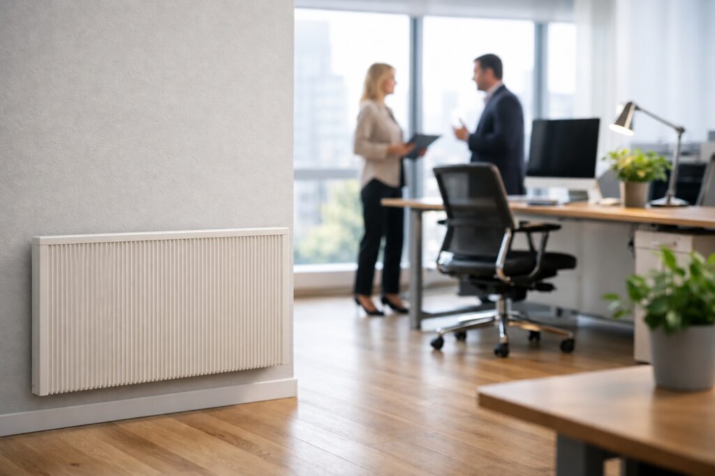 Zwei Personen unterhalten sich im Büro, links im Vordergrund hängt eine flache Flächenspeicherheizung dicht über dem Boden an der Wand
