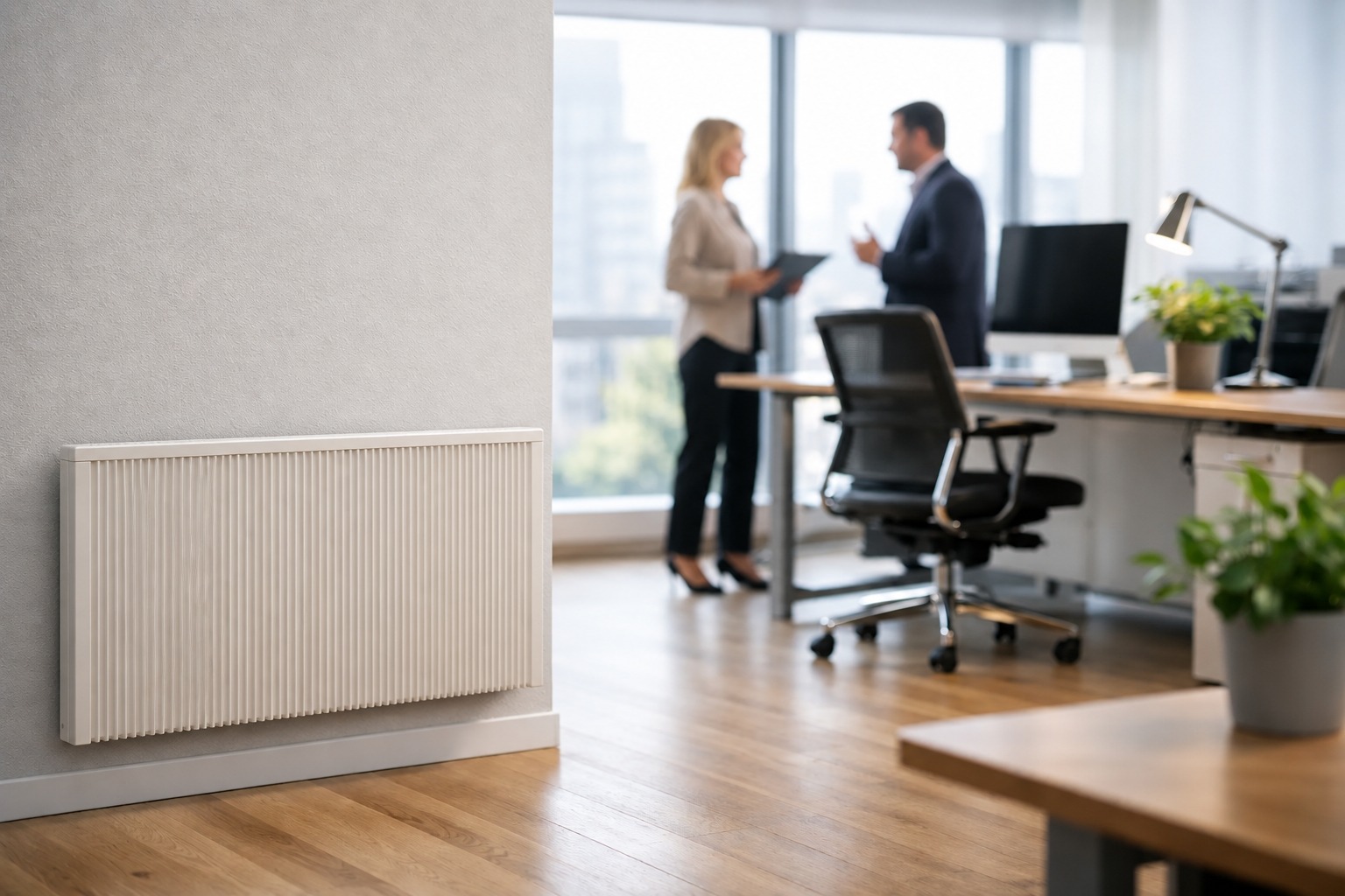 Zwei Personen unterhalten sich im Büro, links im Vordergrund hängt eine flache Flächenspeicherheizung dicht über dem Boden an der Wand