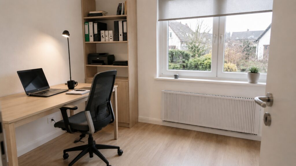 Moderne weiße Flächenspeicherheizung unter dem Fenster in einem hellen Arbeitszimmer