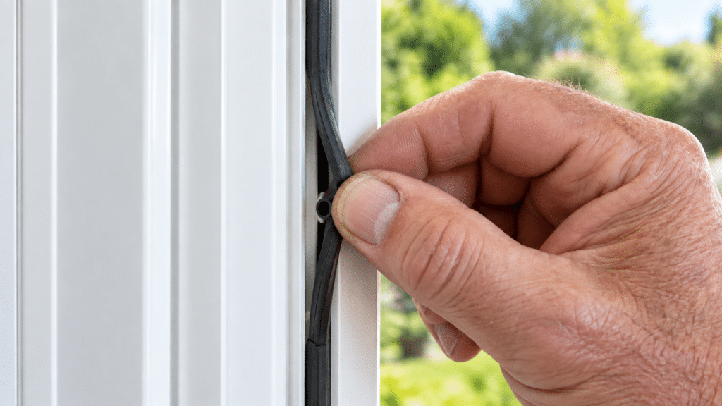 Nahaufnahme einer Hand, die eine alte Gummidichtung aus der Nut eines Fensterrahmens zieht