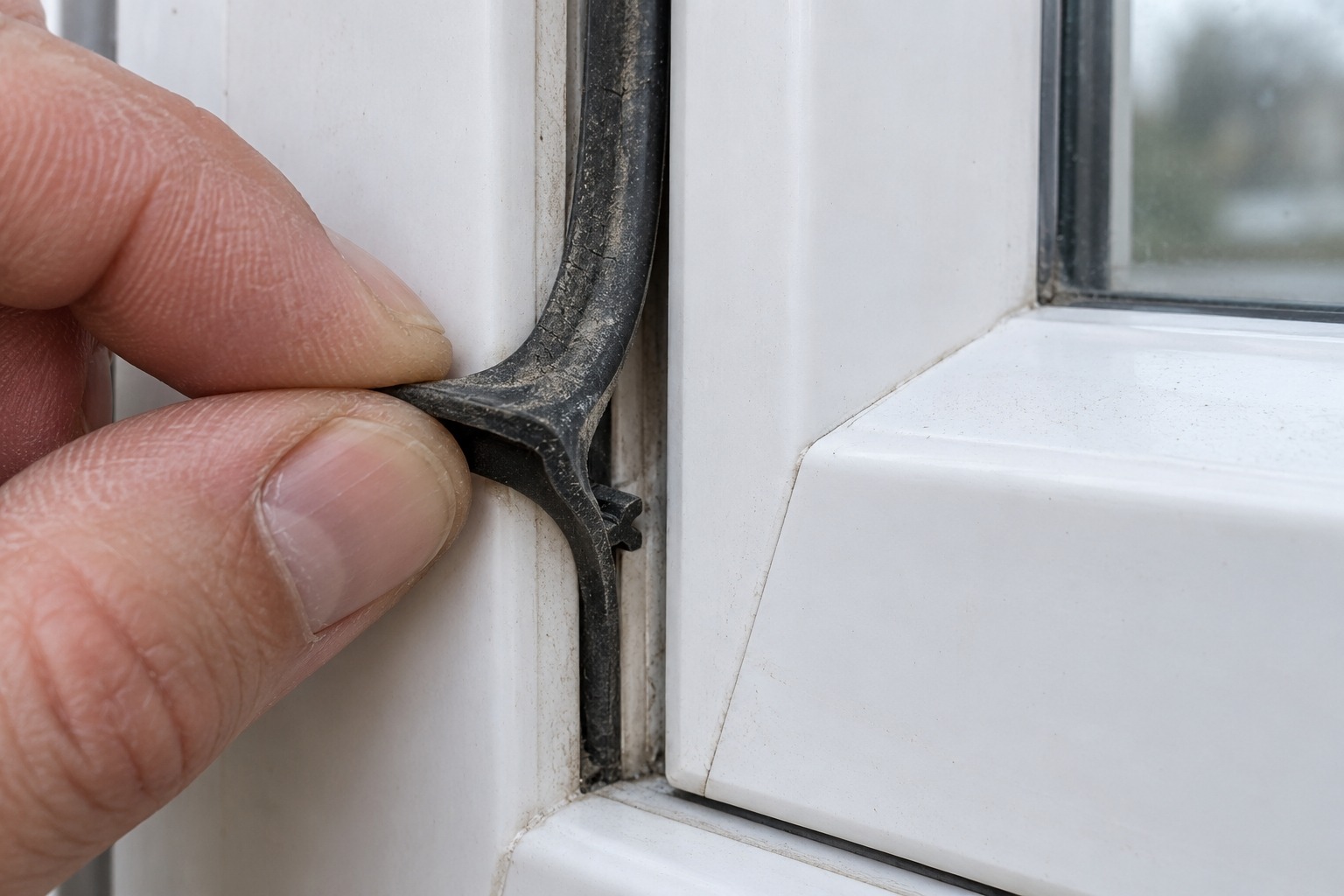 Nahaufnahme einer Hand, die eine alte Gummidichtung aus der Nut eines Fensterrahmens zieht