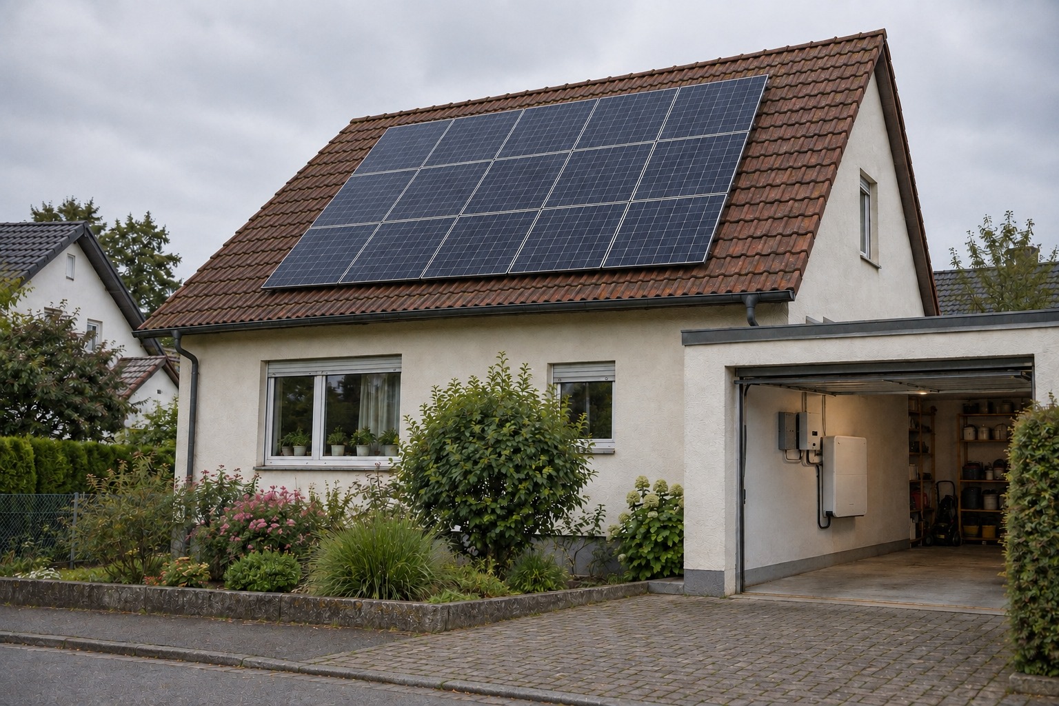 Batteriespeicher in der Garage vor einem Einfamilienhaus mit Photovoltaikanlage auf dem Dach