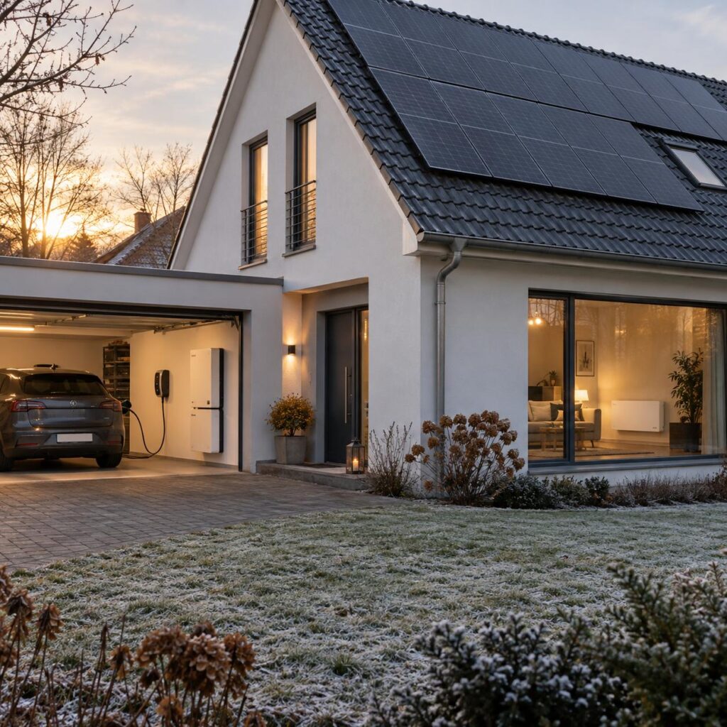 Einfamilienhaus im Winter mit Photovoltaik auf dem Dach, E-Auto an der Wallbox und elektrischer Flächenspeicherheizung im Wohnzimmer