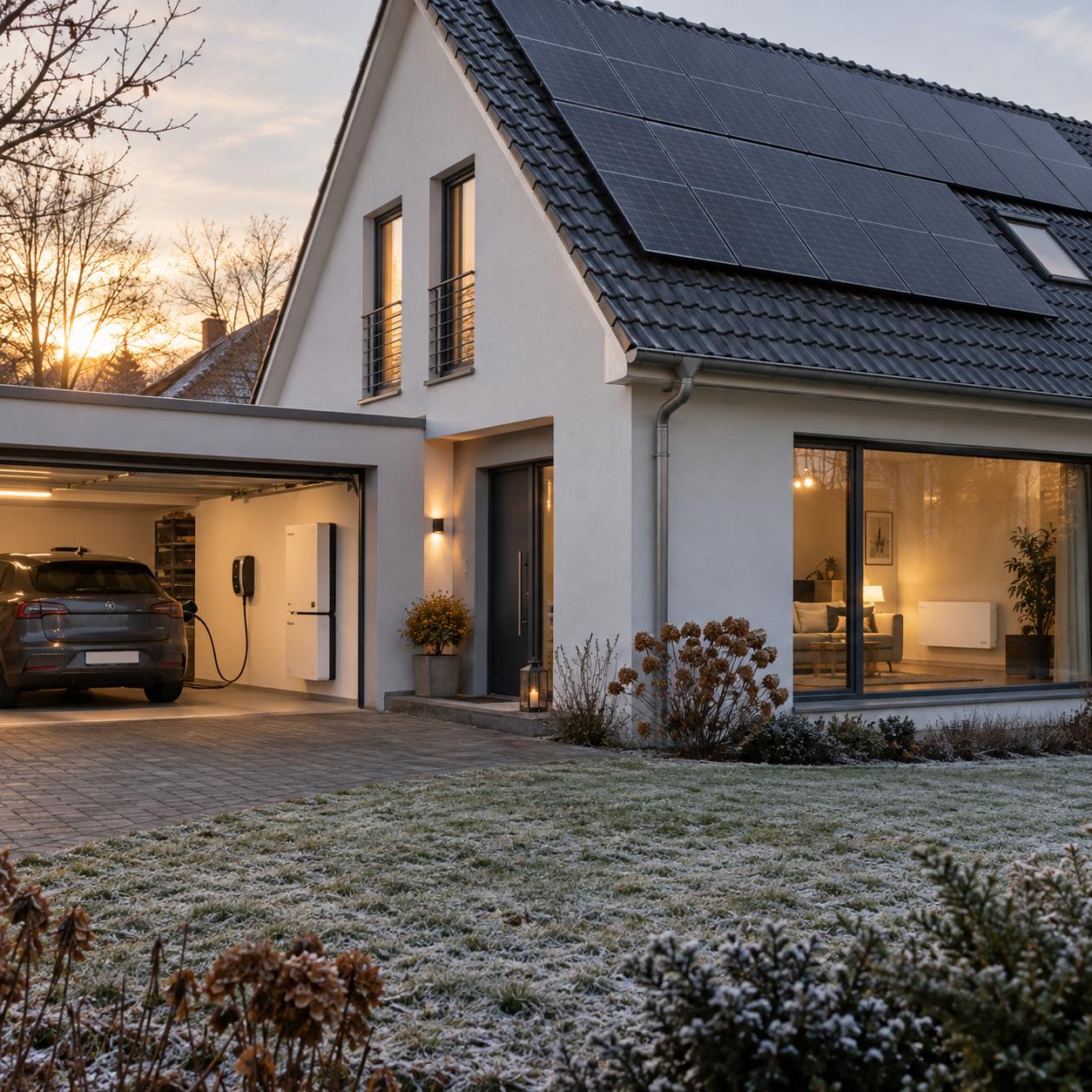 Photovoltaik, Flächenspeicherheizung und E-Auto im Zusammenspiel Einfamilienhaus im Winter mit Photovoltaik auf dem Dach, E-Auto an der Wallbox und elektrischer Flächenspeicherheizung im Wohnzimmer