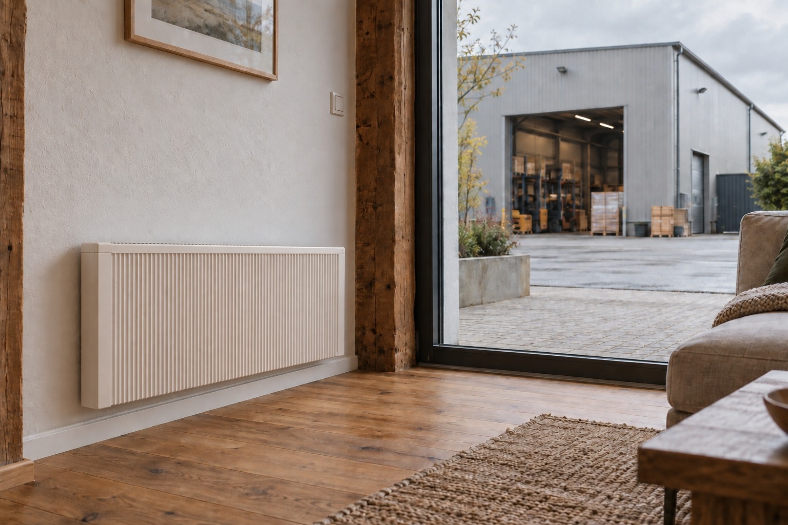 Elektrische Flächenspeicherheizung im Wohnraum, im Hintergrund eine Gewerbehalle als Sinnbild für Wärmelösungen von Energiekonzept Nordwest