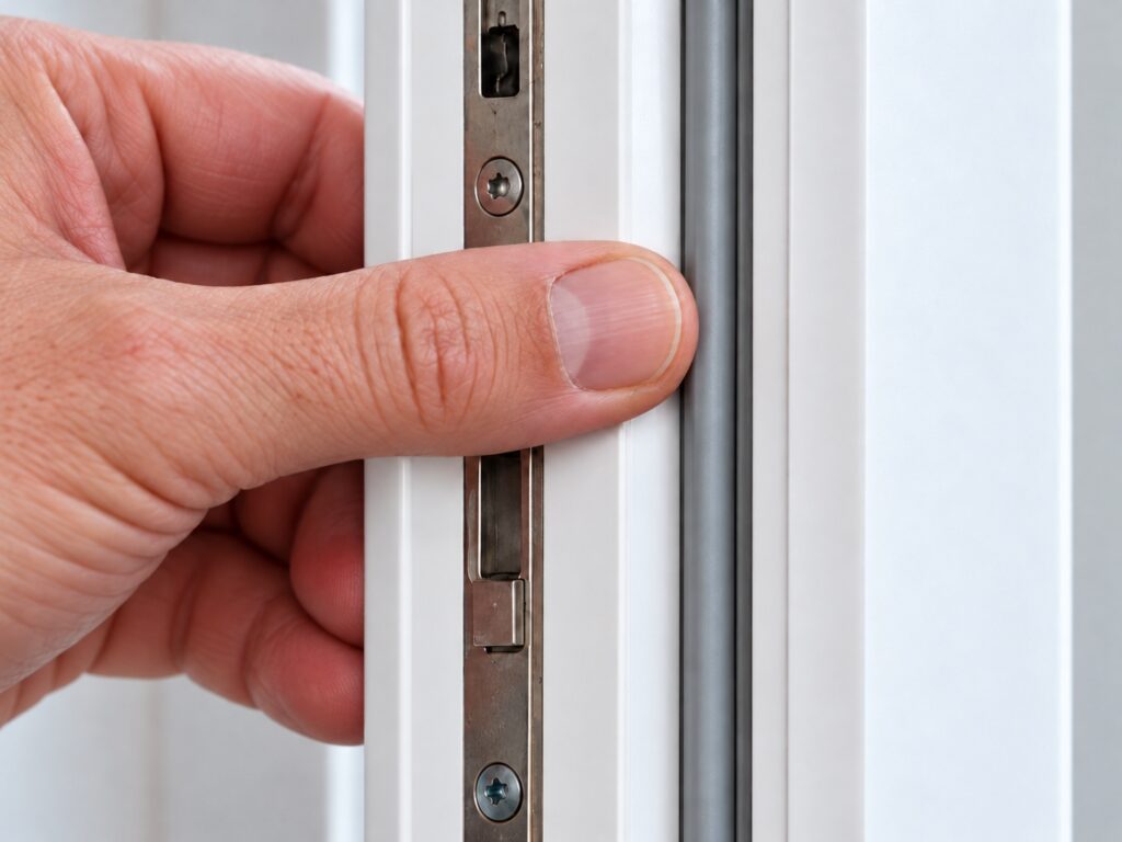 Undichte Fenster: Warum jede Heizung dichte Fenster braucht Fensterdichtung erneuern: Daumen drückt neue graue Dichtung in die Nut eines weißen Kunststofffensters, daneben der Beschlag