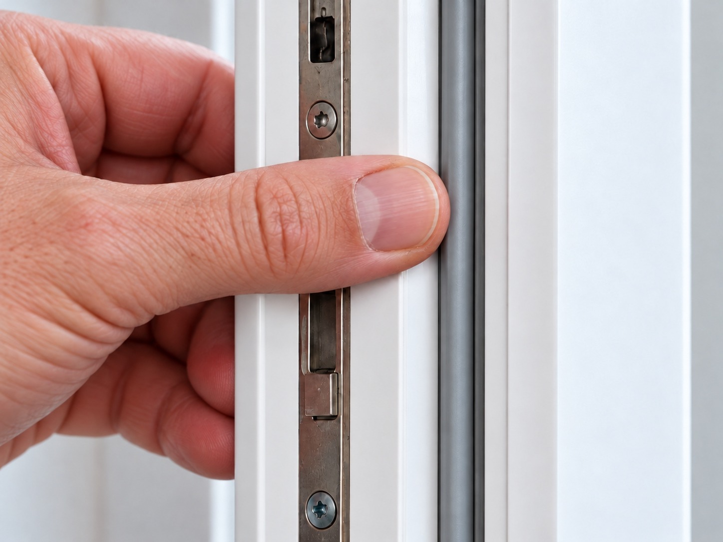 Undichte Fenster: Warum jede Heizung dichte Fenster braucht Fensterdichtung erneuern: Daumen drückt neue graue Dichtung in die Nut eines weißen Kunststofffensters, daneben der Beschlag