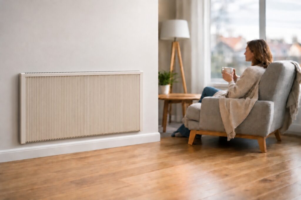 Frau sitzt mit einer Tasse im Sessel im Wohnzimmer, an der Wand darüber hängt eine flache Flächenspeicherheizung dicht über dem Boden