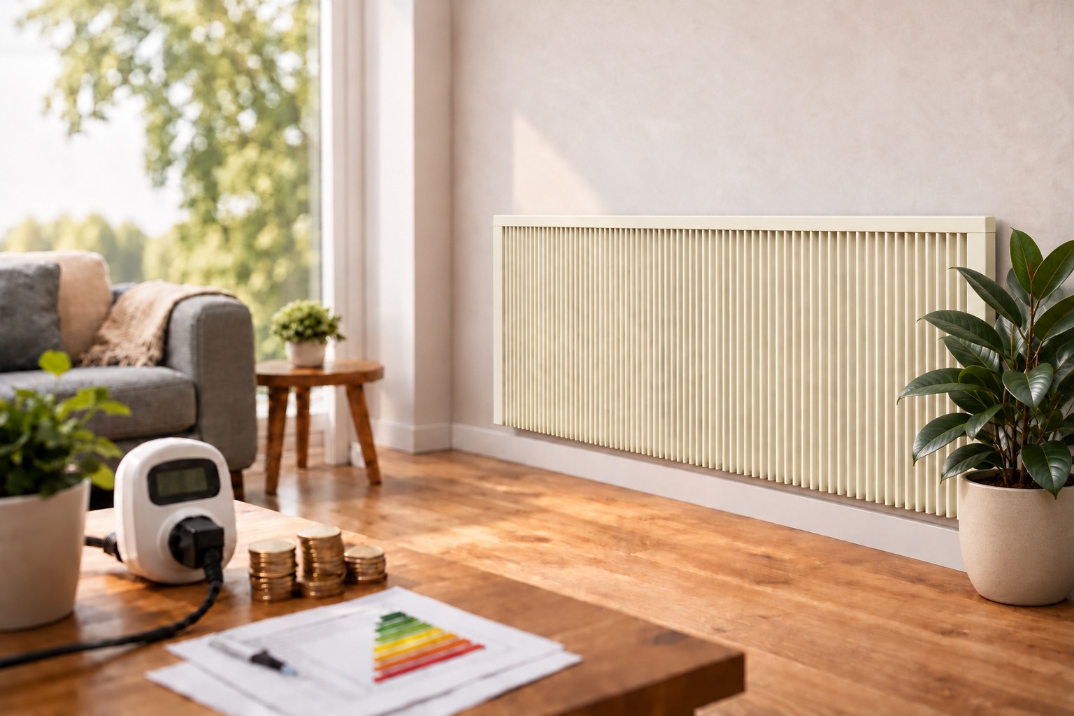Weiße Flächenspeicherheizung an der Wohnzimmerwand, im Vordergrund ein Strommessgerät, Münzen und ein Energielabel auf dem Tisch