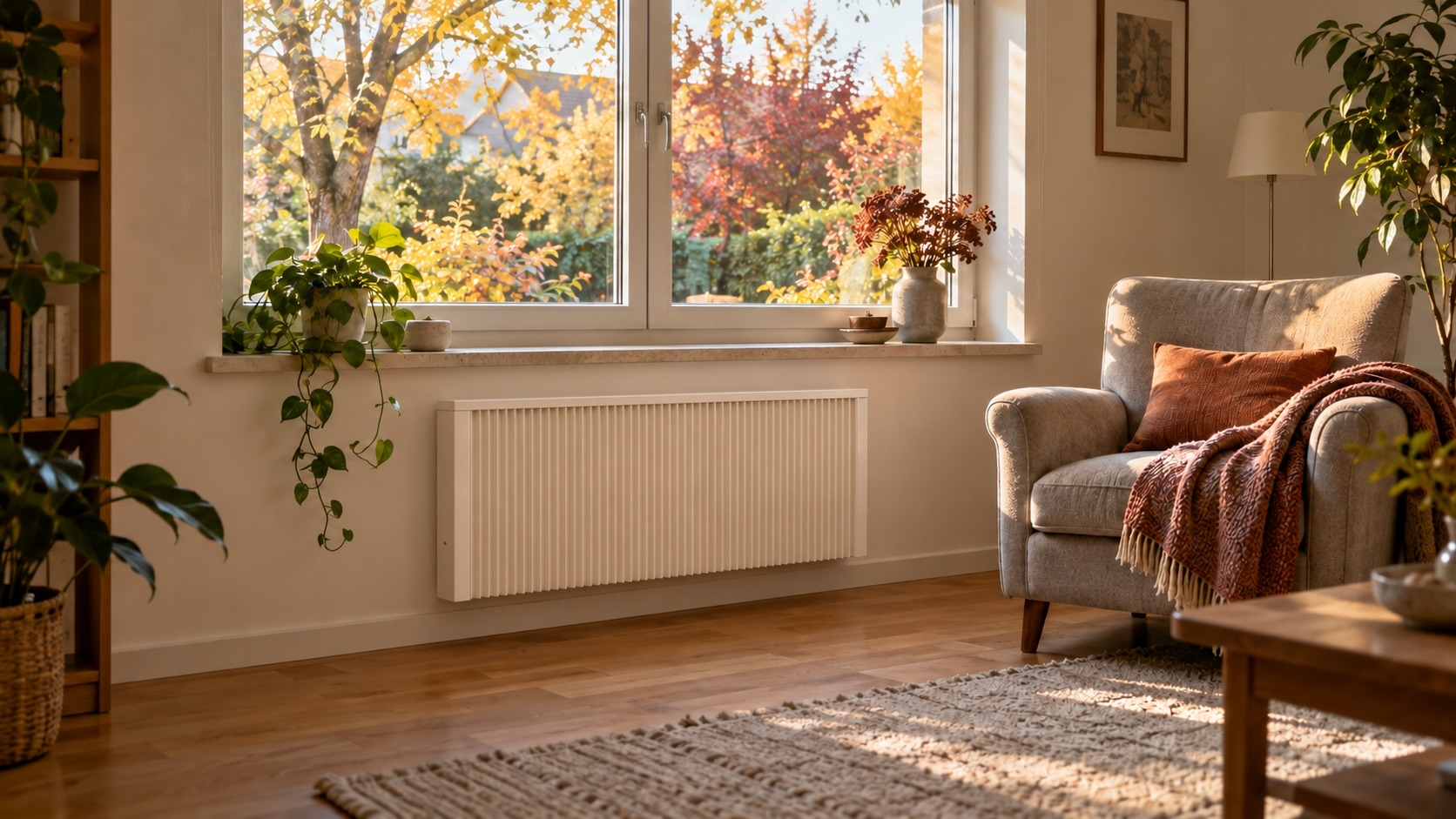 Nachtspeicherheizung vor dem Winter ersetzen: So läuft der Umstieg ab Moderne Flächenspeicherheizung unter dem Fenster in einem Wohnraum im Herbst